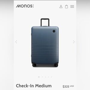 Monos Luggage Check-In Medium Spinner Suitcase in Ocean Blue. New without box.